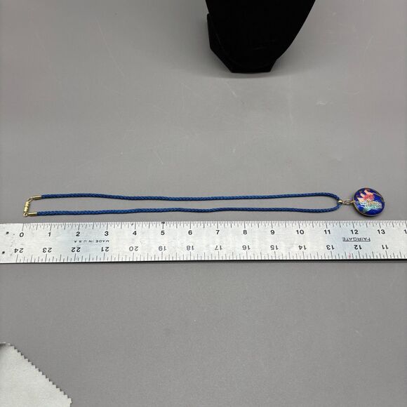 Vintage Cloisonne Enamel Butterfly Lily Pendant Necklace Blue Double Sided 24" - Picture 4 of 9